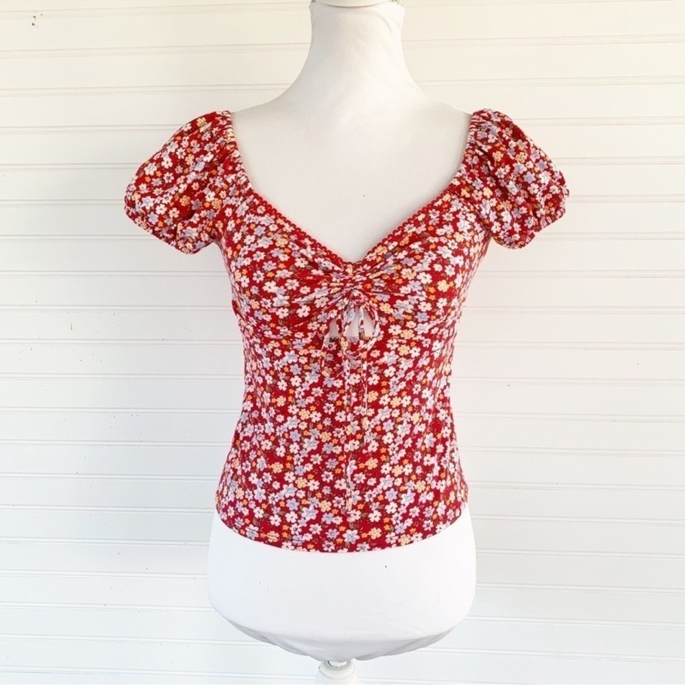 No Boundaries Top Small Red Floral Cinched Sweetheart Keyhole Puff Sleeve S 3-5